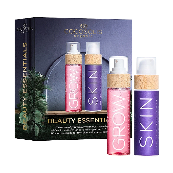 Set beauty essentials - ser spray crestere grow 110ml , ulei uscat anticelulitic skin 110ml