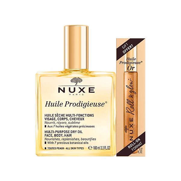Set huile prodigieuse - ulei multifunctional 100ml, roll-on ulei cu particule stralucitoare 8ml