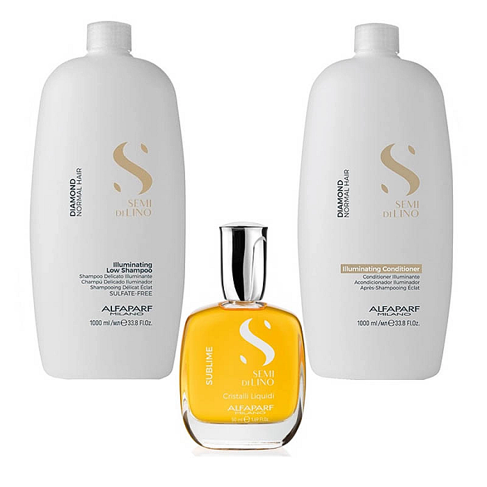 Pachet de stralucire par normal alfaparf semi di lino - sampon 1000ml, balsam 1000ml, ser 50ml