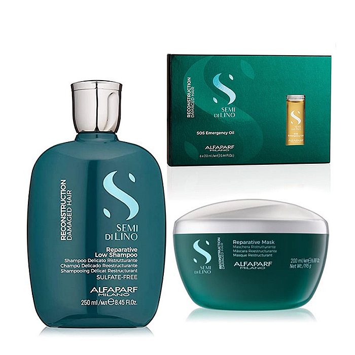 Pachet reparator par deteriorat alfaparf semi di lino - sampon 250ml, masca 200ml, tratament 6x13ml