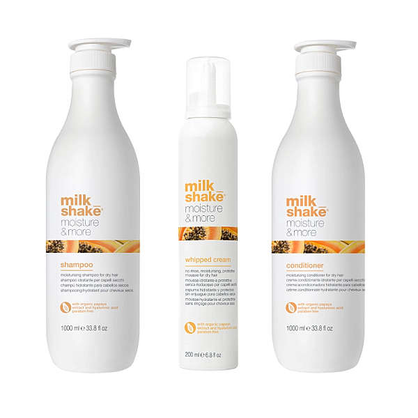 Pachet par uscat moisture & more - sampon 1000 ml, balsam 1000 ml, spuma 200 ml