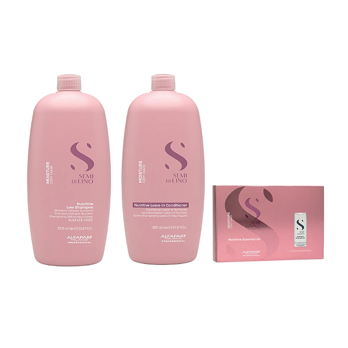 Pachet hidratant pentru par uscat semi di lino - sampon 1000ml, balsam 1000ml, essential oil