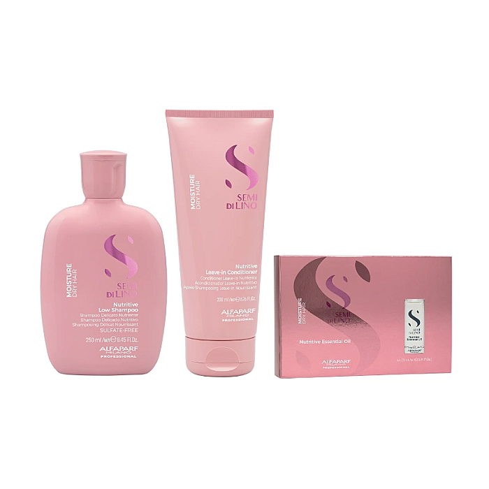 Pachet hidratant pentru par uscat semi di lino - sampon 250ml, balsam 200ml, essential oil