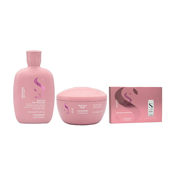 Pachet hidratant pentru par uscat semi di lino - sampon 250ml, masca 200ml, tratament essential oil