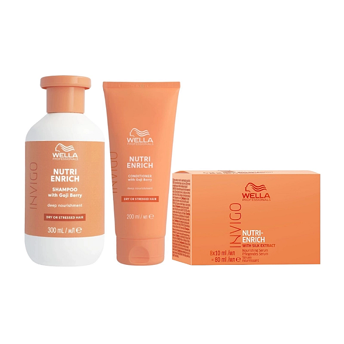 Pachet nutritiv pentru par uscat nutri enrich - sampon 300ml, balsam 200ml, fiole 8x10ml