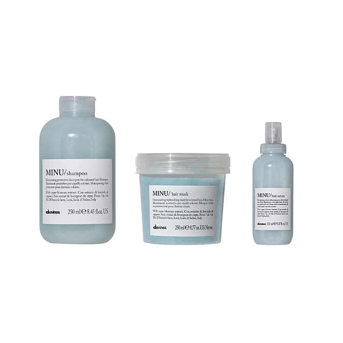 Set de stralucire pentru parul vopsit minu - sampon 250ml, masca 250ml, serum leave-in 150ml