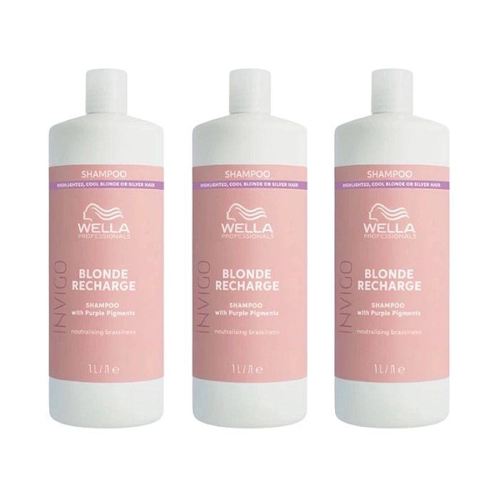 Pachet 3 x sampon pigmentat pentru par blond rece invigo color recharge cool blond shampoo 1000ml