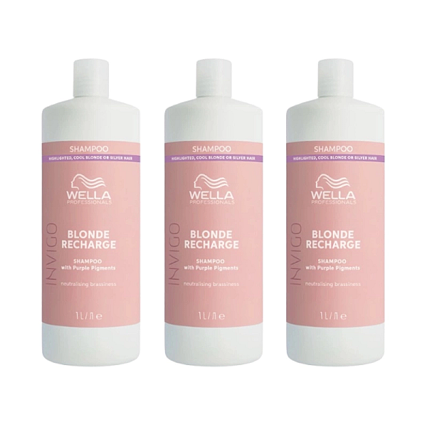 Pachet 3 x sampon pigmentat pentru par blond rece invigo color recharge cool blond shampoo 1000ml