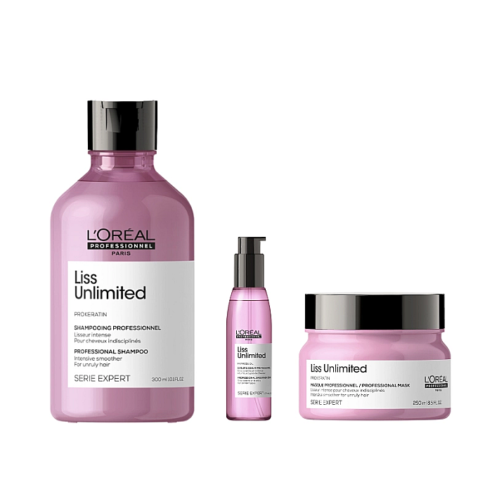 Pachet pentru par indisciplinat liss unlimited - sampon 300ml, masca 250ml, ser 125ml