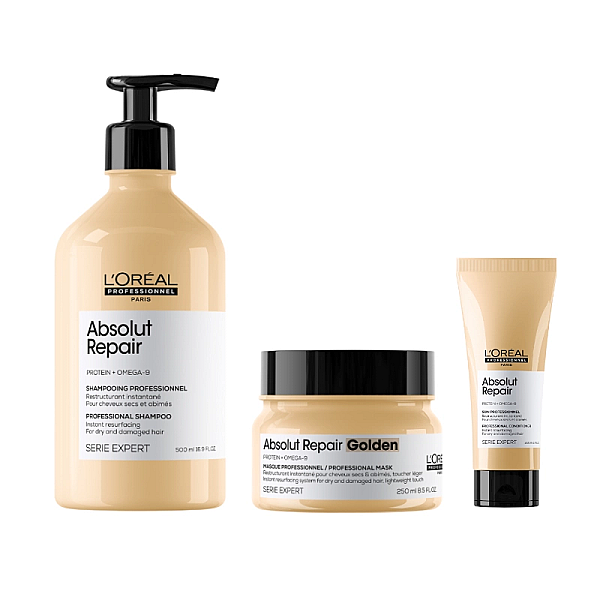 Pachet pentru par deteriorat absolut repair - sampon 500ml, balsam 200ml, masca aurie 250ml