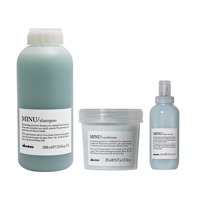 Set de stralucire pentru parul vopsit minu - sampon 1000ml, balsam 250ml, serum leave-in 150ml