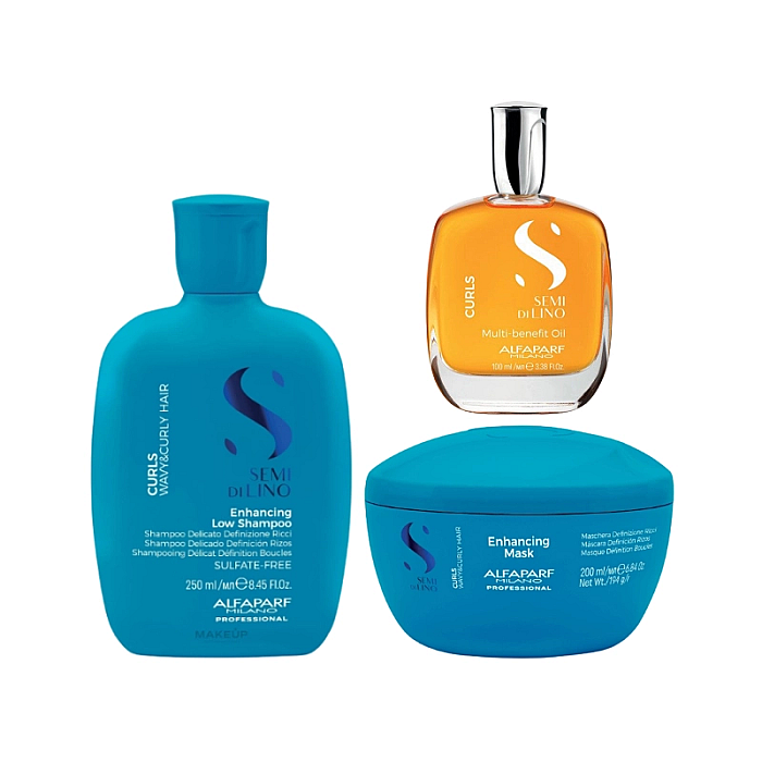 Pachet par cret sau ondulat semi di lino curls - sampon 250ml, masca 200ml, ulei 100ml