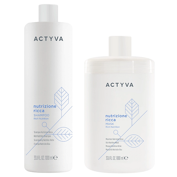 Pachet hidratant pentru par foarte uscat new actyva nutrizione ricca - sampon 1000ml, masca 1000ml