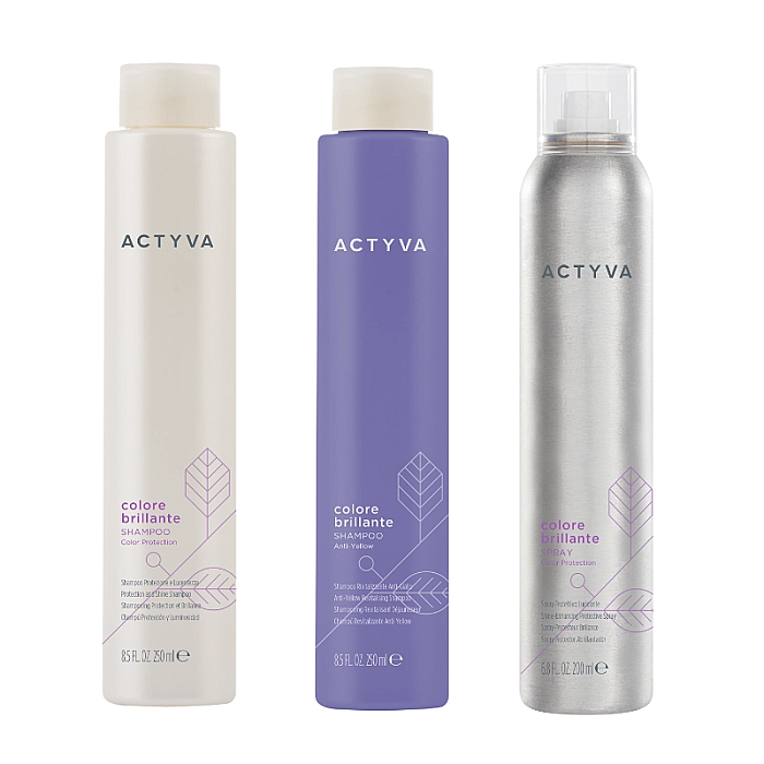 Pachet par vopsit new actyva colore brillante - sampon 250ml, sampon anti-yellow 250ml, spray 200ml