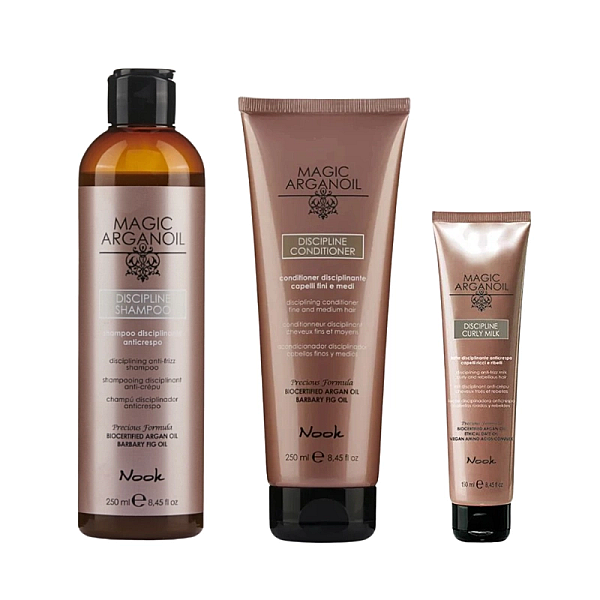 Pachet netezire si hidratare discipline magic argan oil - sampon 250ml, balsam 250ml, lapte 150ml