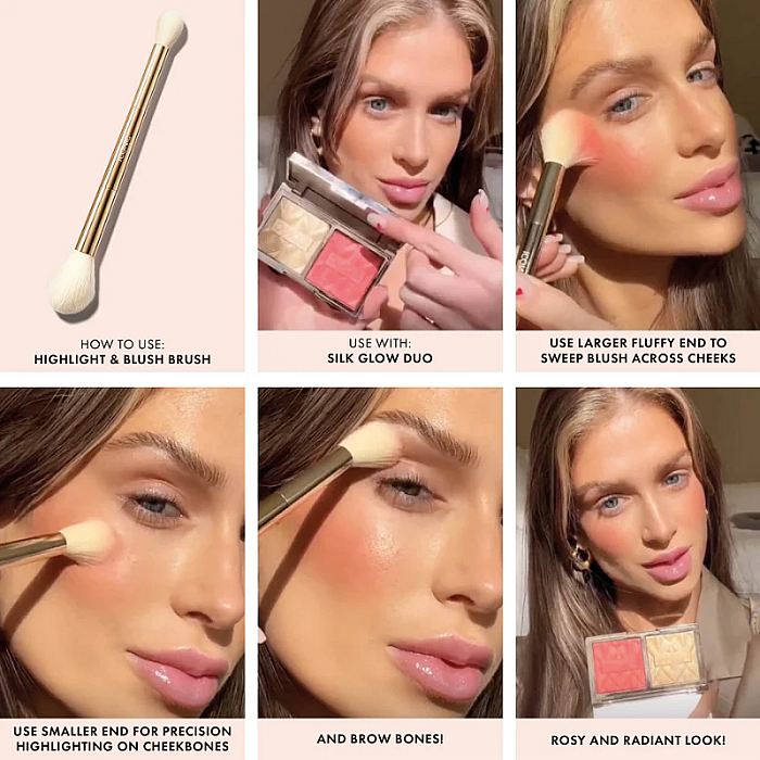 Pensula duala pentru aplicarea precisa a iluminatorului si blush-ului Highlight & Blush Brush