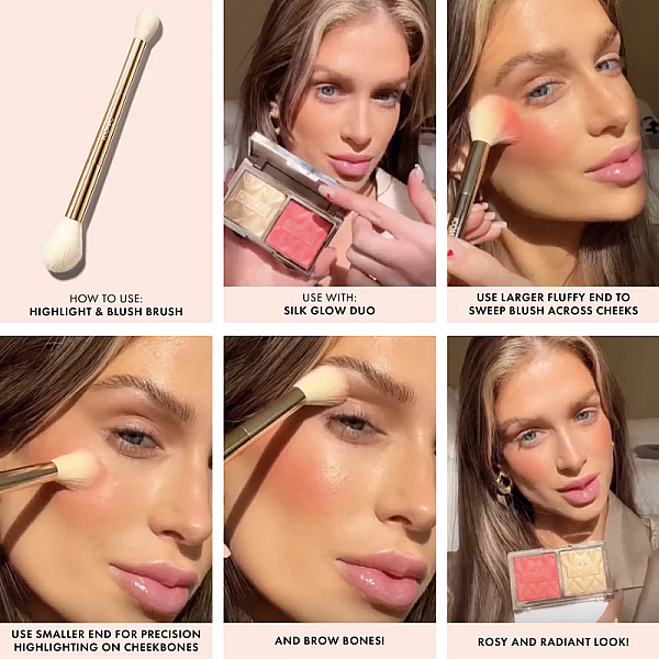 Pensula duala pentru aplicarea precisa a iluminatorului si blush-ului Highlight & Blush Brush