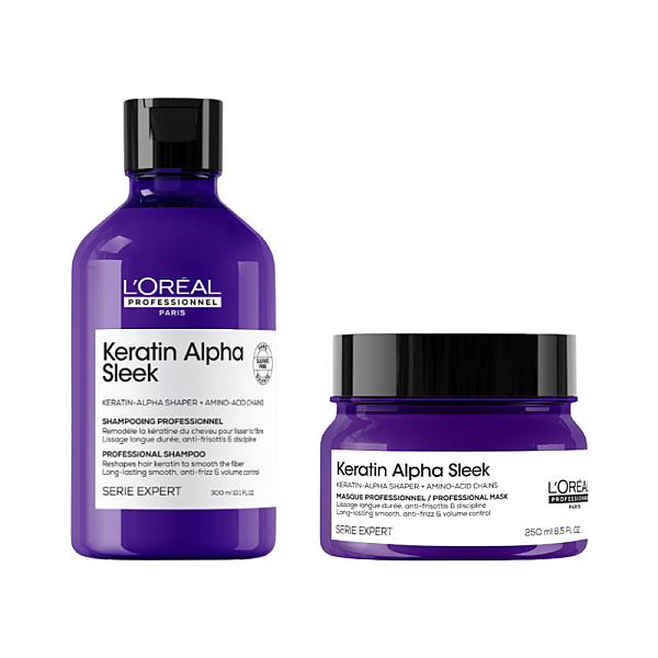 Pachet pentru netezirea parului Keratin Alpha Sleek - Sampon 300ml, Masca 250ml