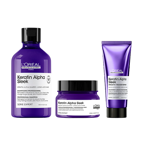 Pachet pentru netezirea parului Keratin Alpha Sleek - Sampon 300ml, Masca 250ml, Crema-tratament 200ml