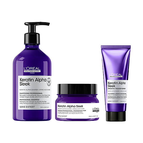 Pachet pentru netezirea parului Keratin Alpha Sleek - Sampon 500ml, Masca 250ml, Crema-tratament 200ml