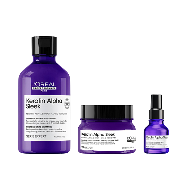 Pachet pentru netezirea parului Keratin Alpha Sleek - Sampon 300ml, Masca 250ml, Serum 50ml