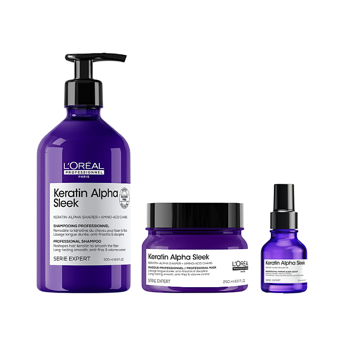 Pachet pentru netezirea parului Keratin Alpha Sleek - Sampon 500ml, Masca 250ml, Serum 50ml