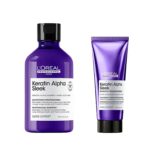 Pachet pentru netezirea parului Keratin Alpha Sleek - Sampon 300ml, Crema-tratament 200ml
