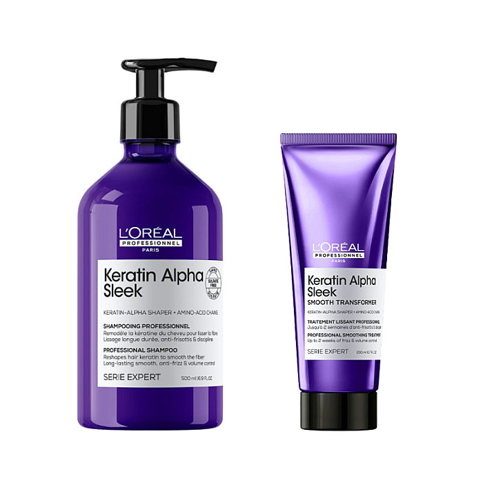 Pachet pentru netezirea parului Keratin Alpha Sleek - Sampon 500ml, Crema-tratament 200ml