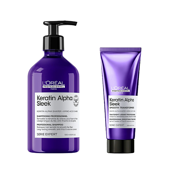 Pachet pentru netezirea parului Keratin Alpha Sleek - Sampon 500ml, Crema-tratament 200ml