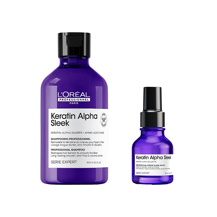 Pachet pentru netezirea parului Keratin Alpha Sleek - Sampon 300ml, Ser 50ml