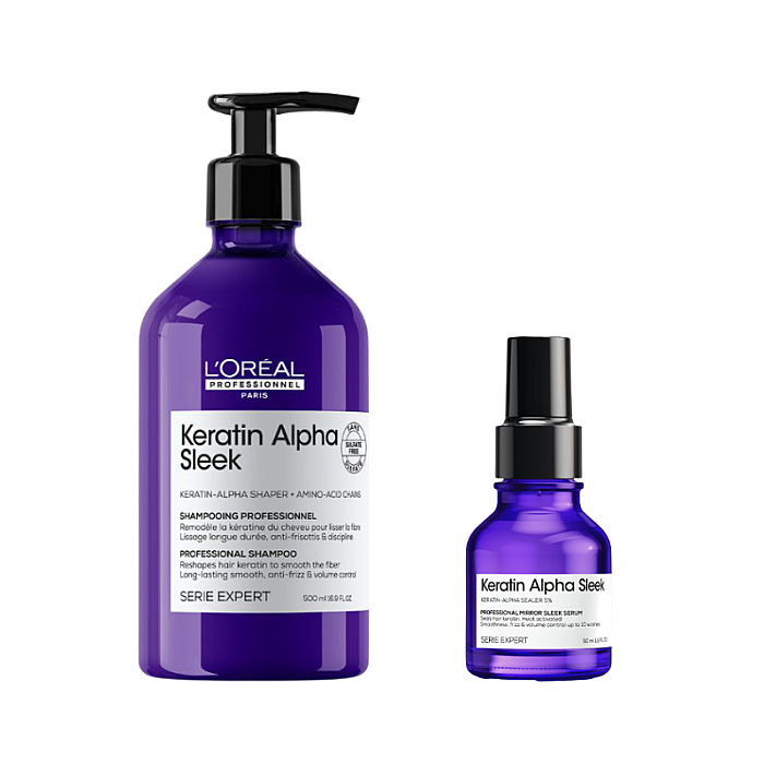 Pachet pentru netezirea parului Keratin Alpha Sleek - Sampon 500ml, Ser 50ml