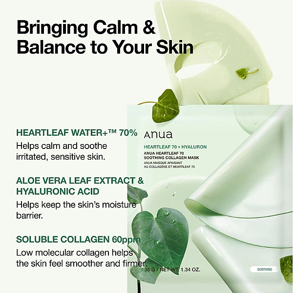 Masca hidrogel calmanta cu acid hialuronic si colagen Heartleaf 70 Soothing Collagen