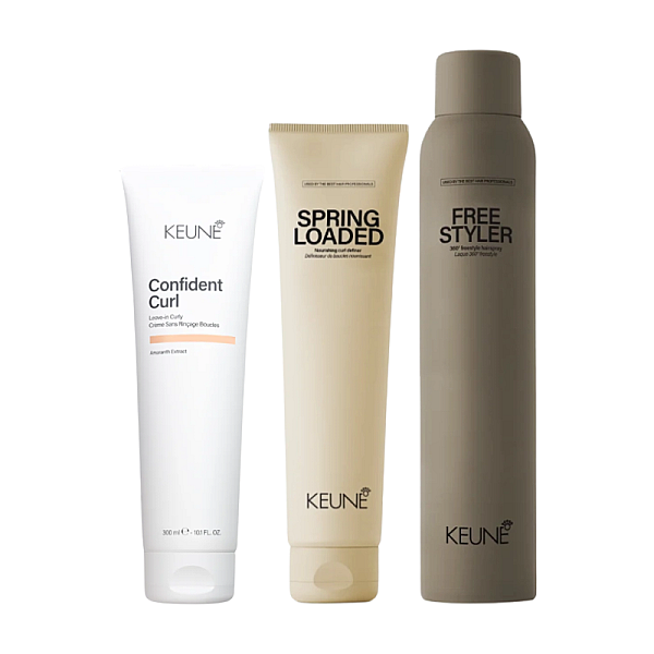Pachet styling - crema pentru definirea buclelor style spring loaded 200ml, tratament leave-in confident curly 150ml, spray cu fixare lejera style freestyler 300ml