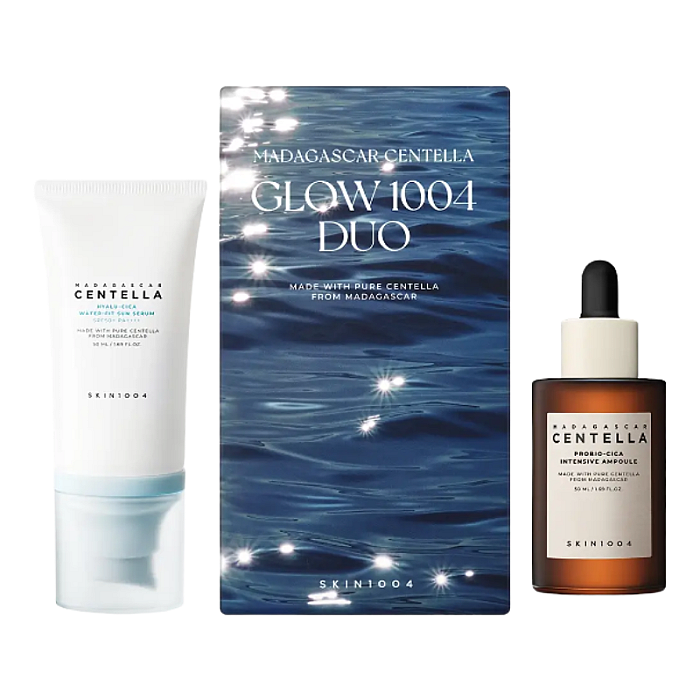 Set pentru luminozitate Glow 1004 Madagascar Centella - Ser Probio-Cica Intensive Ampoule, Ser cu SPF 50 Hyalu-Cica Water-Fit