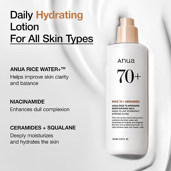 Lotiune de fata pentru hidratare si imbunatatirea barierei Rice 70+Ceramide Intensive Moisturizing Milk