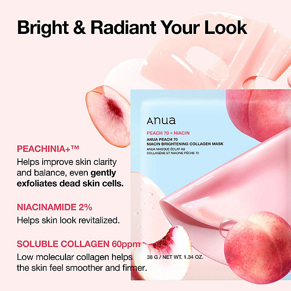 Masca hidrogel iluminatoare pentru tenul tern Peach 70 Niacin Brightening Collagen Mask