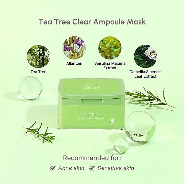 Set 30 de masti calmante cu extract de ceai verde pentru ten gras sau iritat Tea Tree Clear Ampoule Mask